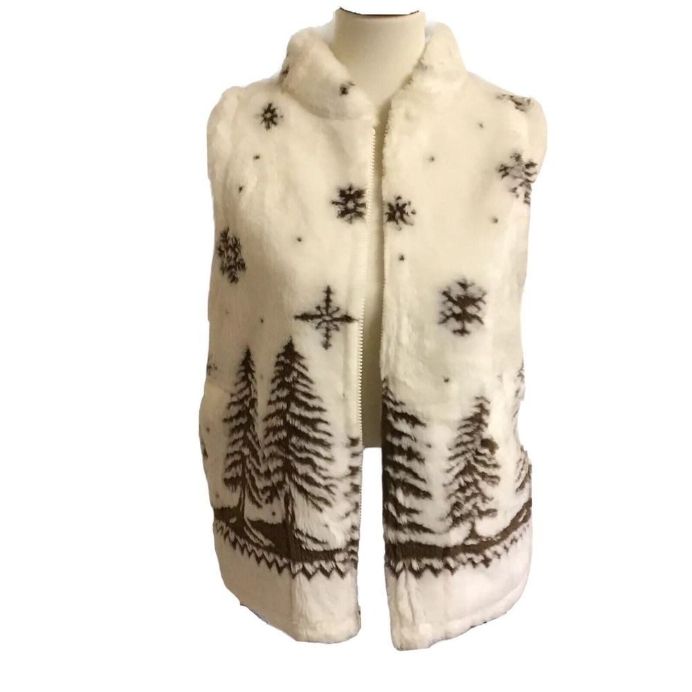 Cobblestone Canyon Faux Fur Winter Vest Women S White Brown Snowflake Pine Tree